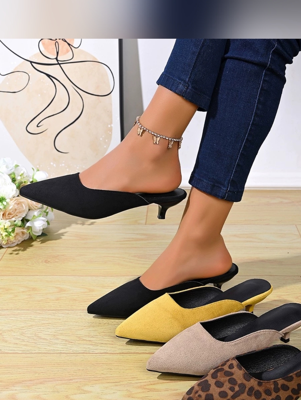 Women’s Yellow Pointed-Toe Kitten Heel Slip-On Pumps - Picture 3 of 5